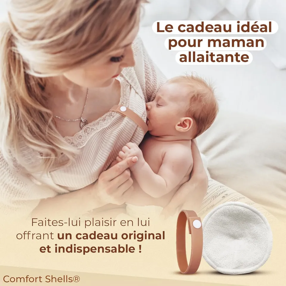 Maman qui allaite tendrement son bébé, coussinets d'allaitement en bambou