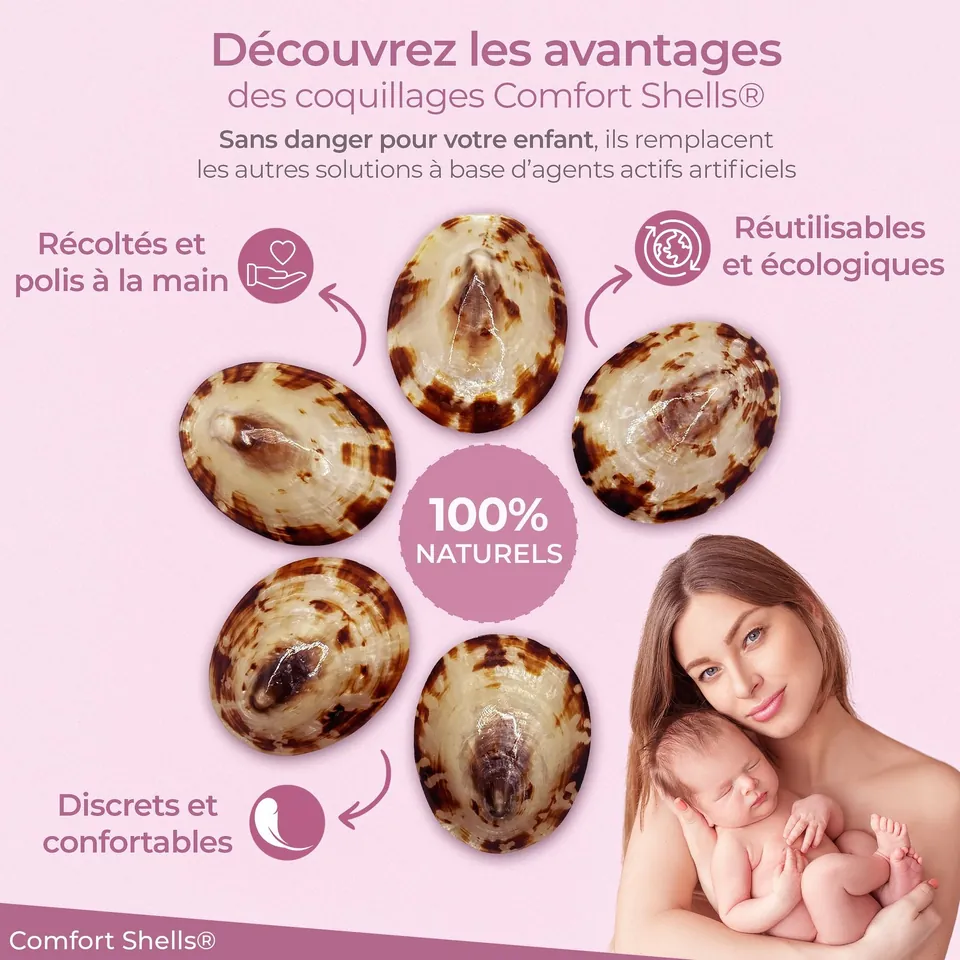 Coquillages d'allaitement en nacre naturelle aux côtés d'une maman et de son nouveau-né