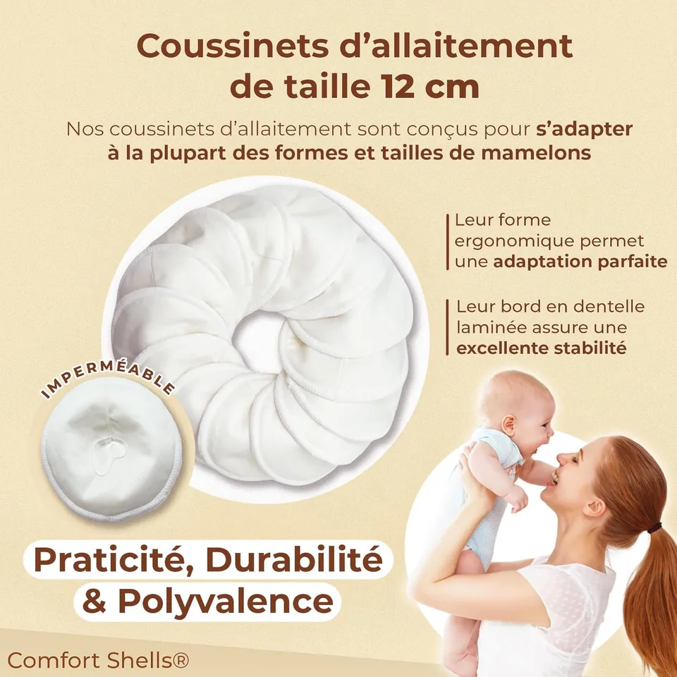 Coussinets d'allaitement en bambou de 12 cm à côté d'une maman qui porte son bébé