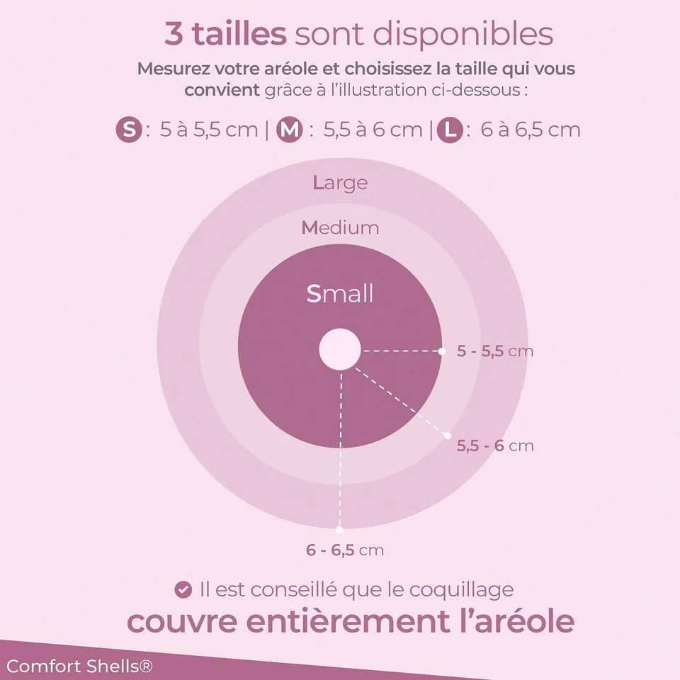 Schéma des trois tailles de coquillages d'allaitement en nacre S, M et L avec leur diamètre intérieur