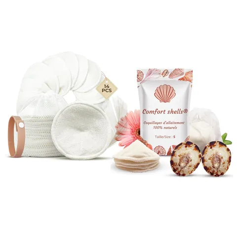 Kit allaitement Comfort Shells : coquillages en nacre et lot de 14 coussinets lavables en bambou avec bracelet et sacs de lavage