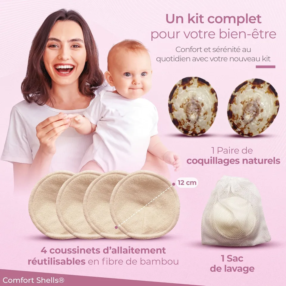 Maman souriante avec son bébé et le kit d'allaitement : coquillages en nacre et coussinets en bambou