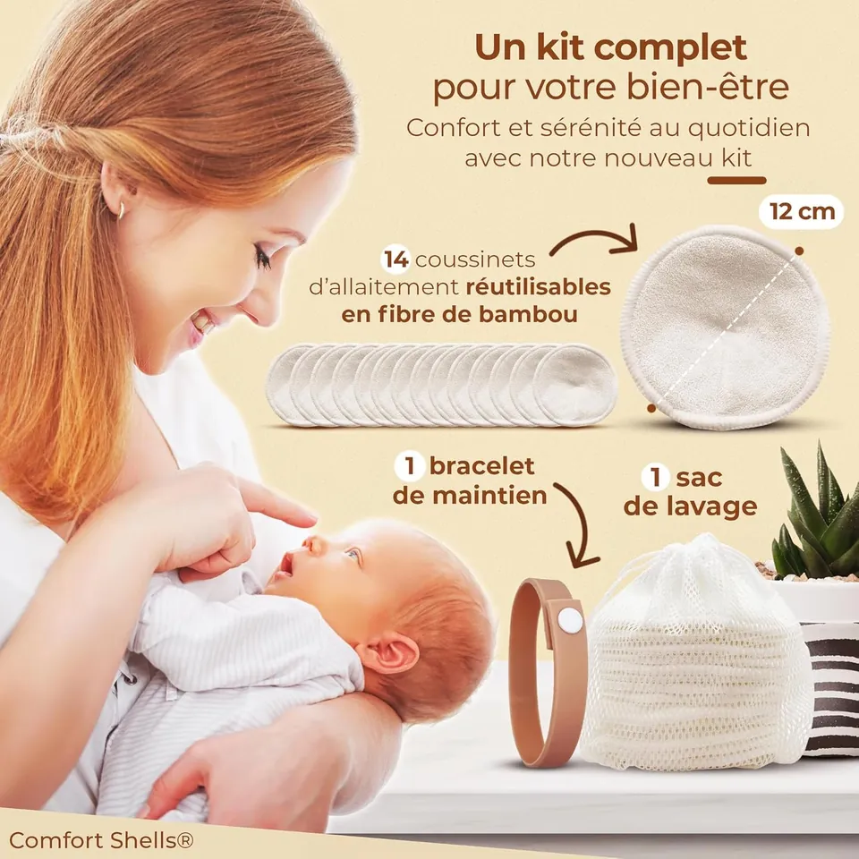 Maman avec son nouveau-né et un kit de coussinets d'allaitement lavables en bambou avec bracelet et sac de lavage